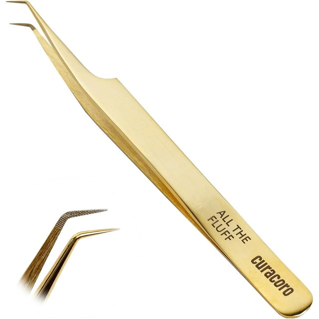 Curacoro Lash Tweezer - Professional & Precision Fiber Tip Grip Lash Tweezers for Eyelash Extensions, Multi Shapes & Purposes Tweezers for Volume, Isolation & Classic Lashes (Gold, All The Fluff)