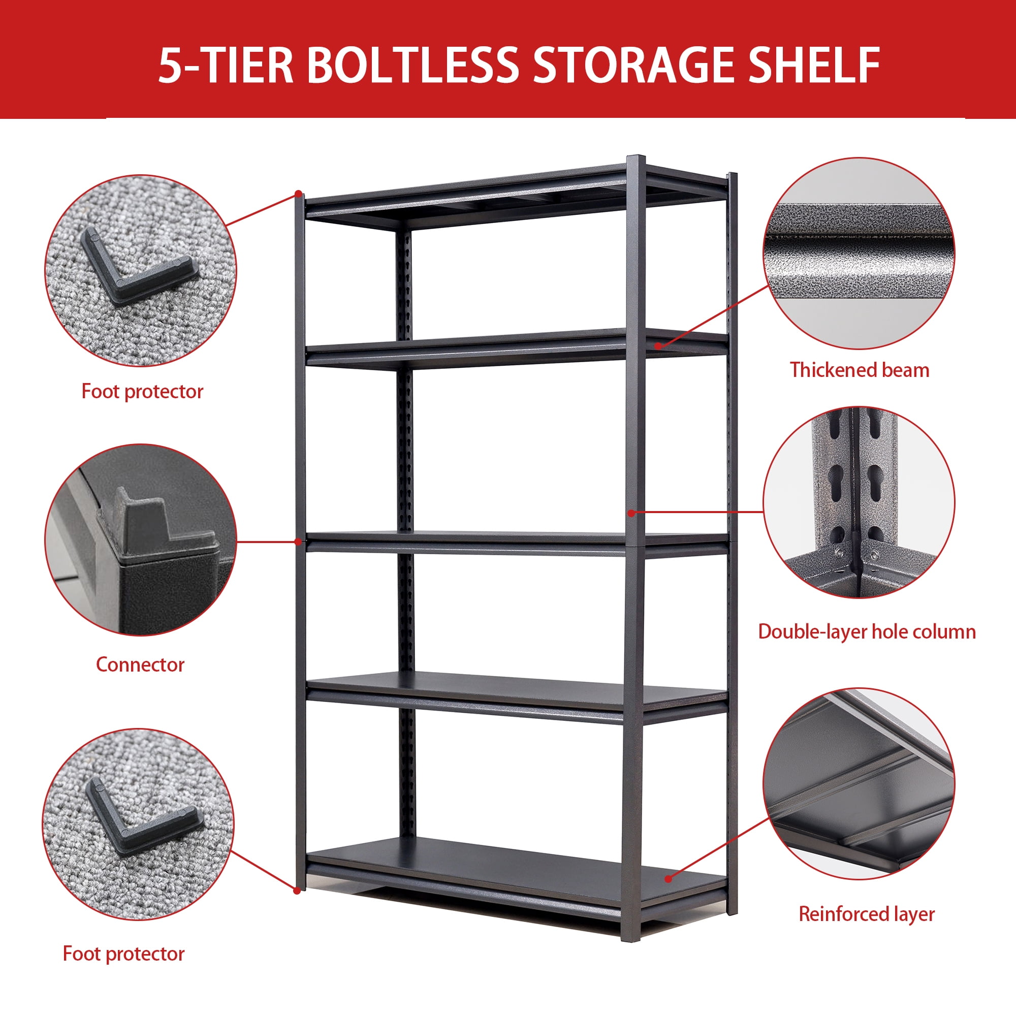 Alvantor 5 Tier Storage Shelves, Metal Storage Shelving with Adjustable Shelf for Garage Basement, 47.2"W*23.6"D*72"H Black
