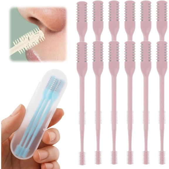 2-in-1 Nasal Hair Cutter, 2025 Upgrade 360° Rotating Nose Hair Trimmer with Double-Sided Blade & Ear Pick, Manual Nostril Hair Removal Tool for Men and Women, Soft Cleaning Brush (Pink, 12PCS)