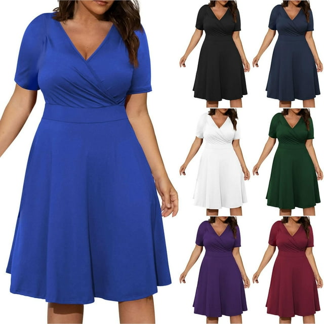 Gspmoly Robes d'Été pour Femmes 2025, Robe Bohème Décontractée pour Femmes Grande Taille à Col en V Uni à Manches Courtes avec Poches, Robes Formelles pour Femmes Économies d'Été