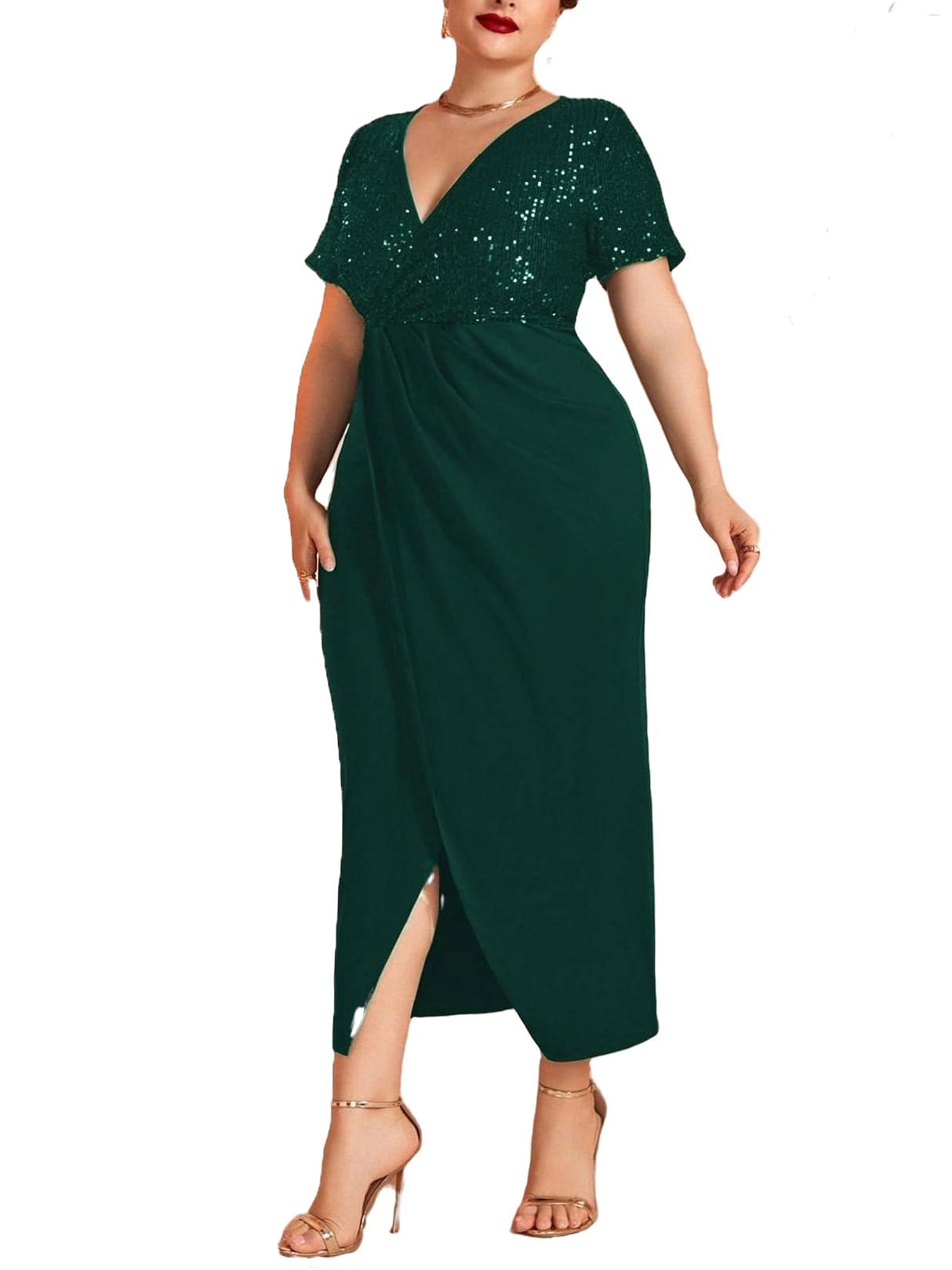 Elegant Deep V Neck Fitted Dress Short Sleeve Dark Green Plus Size