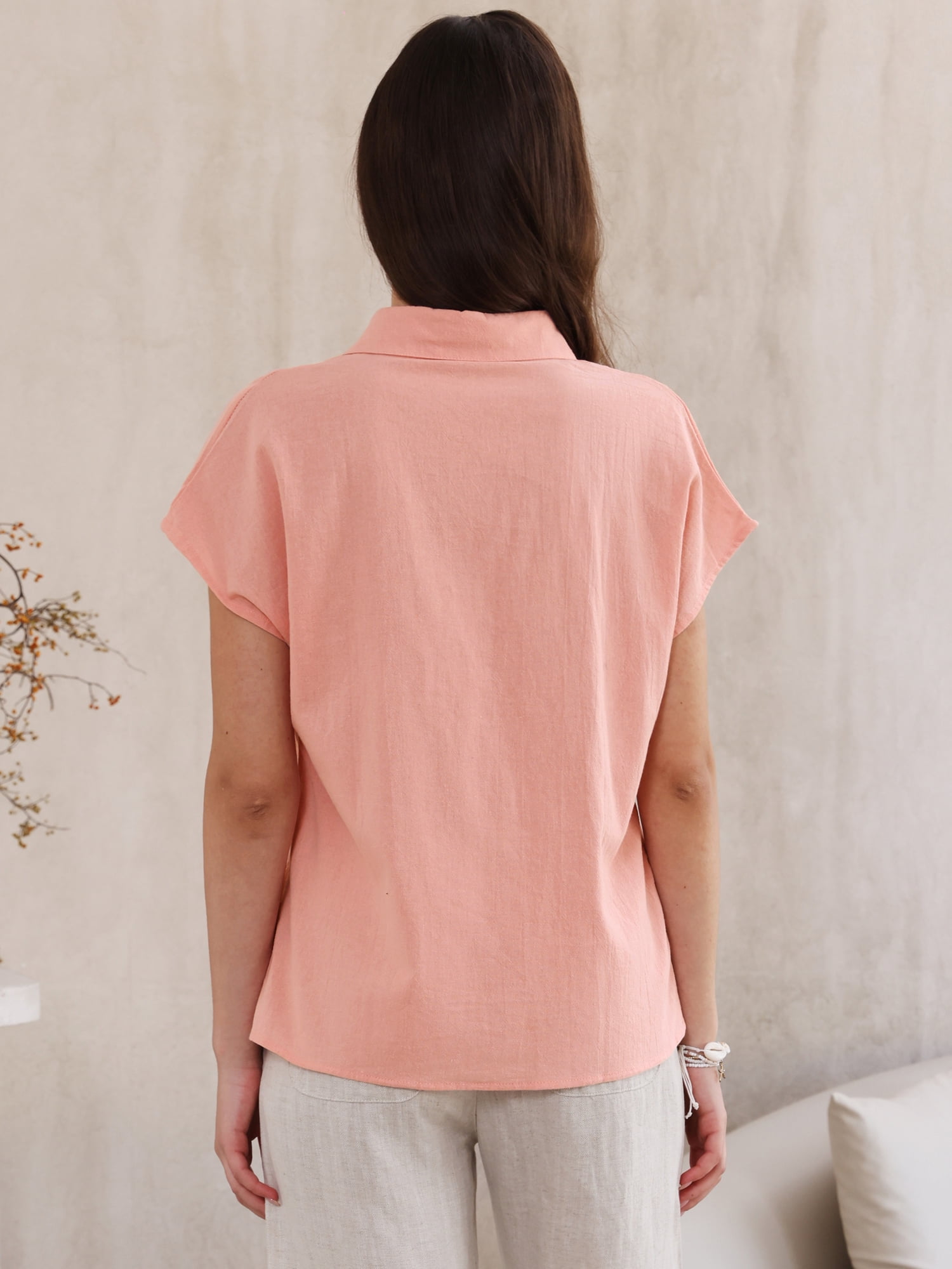 DARING DIVA Women's Linen Button Down Short Sleeve V Neck Tops 2XL Pink