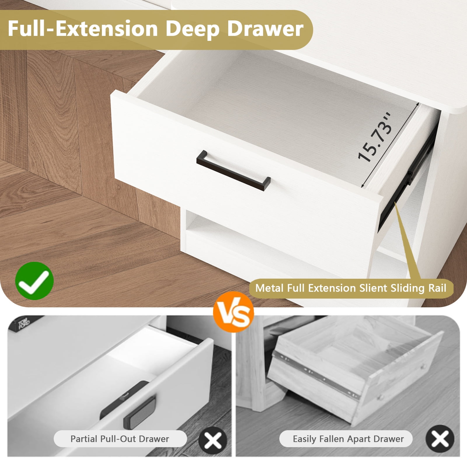 Hommoo Nightstand with Drawer and Open Storage, End Table Bedside Table with Charging Station, for Bedroom, Living Room, White