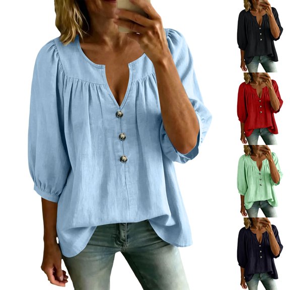 Women's V Neck 3/4 Sleeve Tops Casual Summer T Shirts Loose Fit Button Vacation Blouses Tops by Yigetop Black L