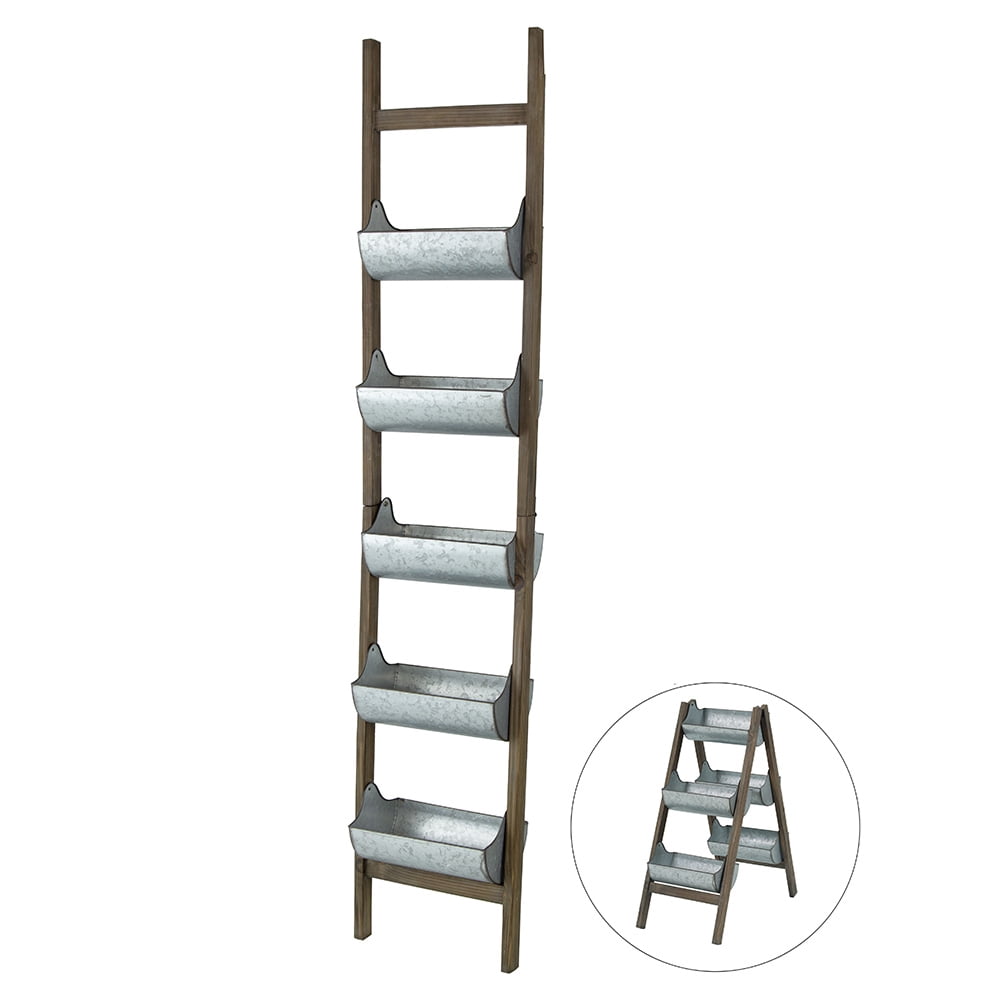 Farmhouse Foldable Reed Galvanized and Wood Ladder Planter 14.2" x 7.5" x 70.9"