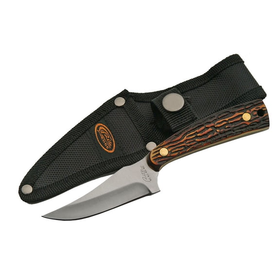 SZCO Apprentice 7" Trailing Point Skinner Knife, Stainless Steel Full Tang Blade with Faux Stag Handle, Compact Hunting and Survival Tool with Nylon Sheath