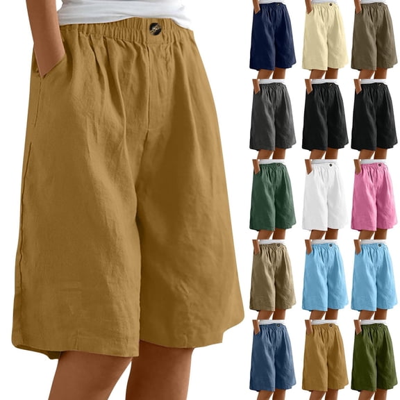 Women's Cotton Linen Shorts, Loose Fit Elastic Waist Knee Length Shorts, Casual Pocket Shorts for Beach, Swimming, Yoga, Vacation, and Summer Daily Wear-Olive Green