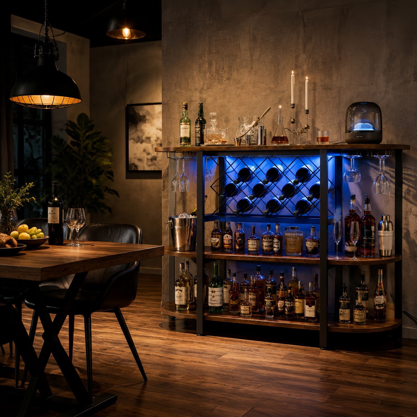 Kelno 47" Home Bar Cabinet with Power Outlet RGB LED Lights 4-Tier Liquor Cabinet with Wine Rack Glass Holder, Rust
