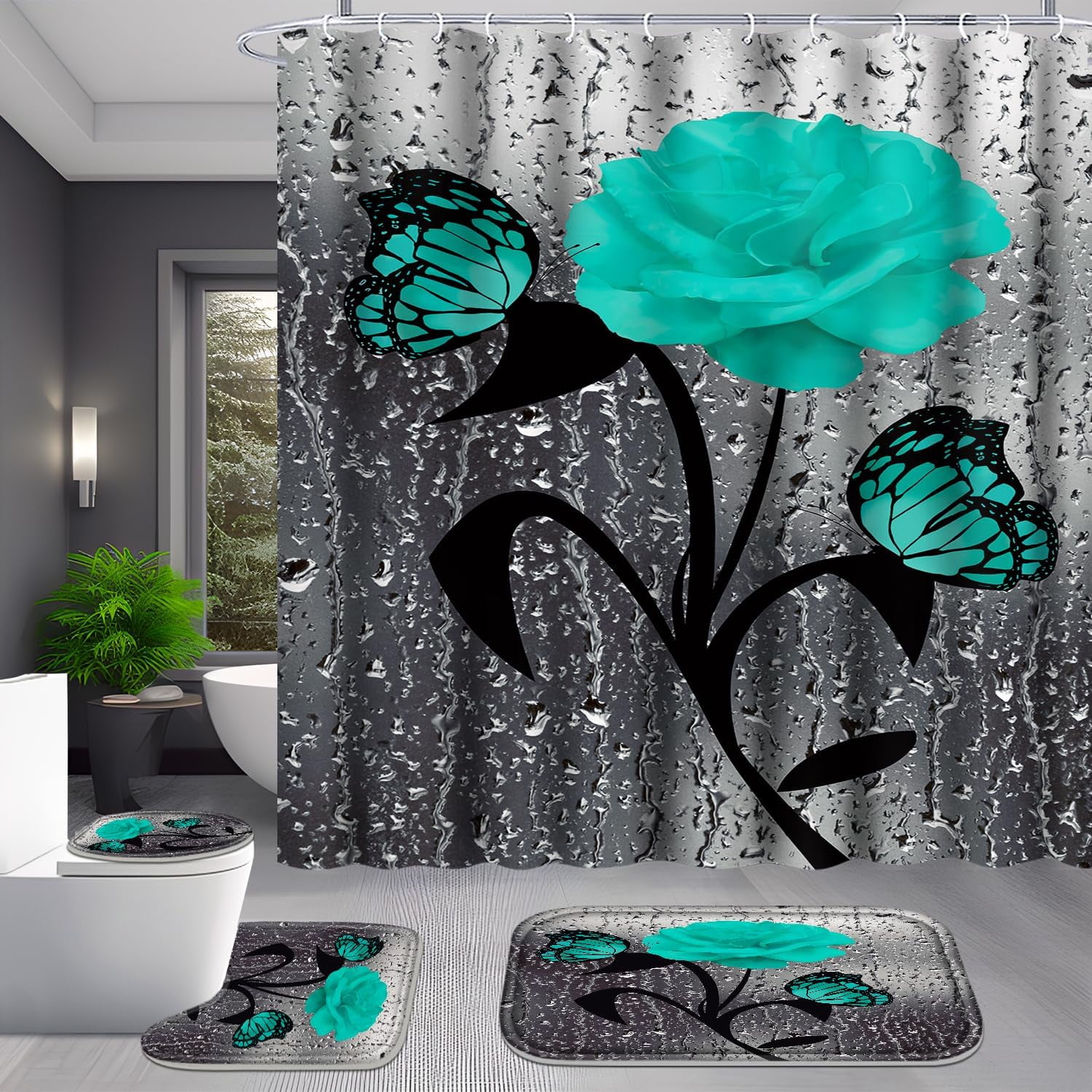 4 Pcs Bathroom Set,Orange Rose Shower Curtain Sets, Romantic Shower Curtain Sets with Rugs(Bath Mat,U Shape and Toilet Lid Cover Mat) and 12 Hooks