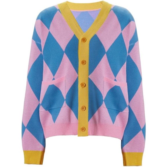 Pink Checkered Pattern Cardigan Sweater Knitted Jacket V-Neck Button Outwear