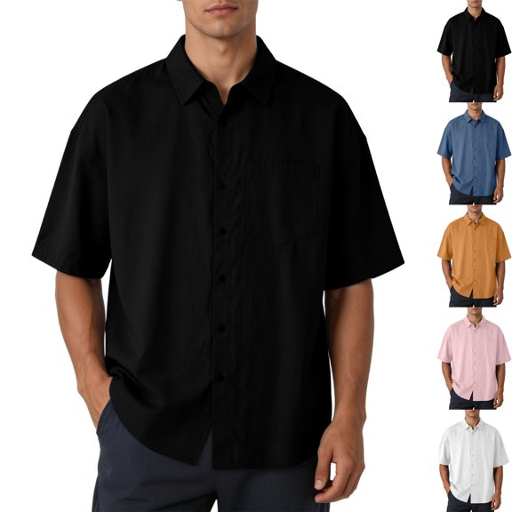 Men's Short Sleeve Button Down Shirt Loose Fit Oversized Camp Collar Drop Shoulder Fashion Top with Chest Pocket for Travel Cruise, Black, L