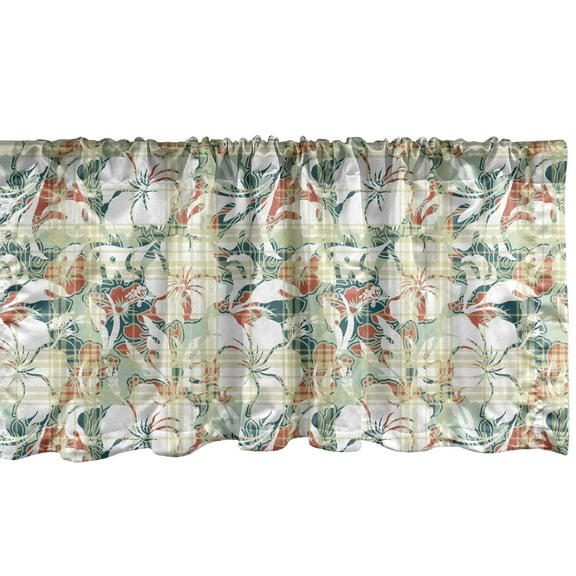Ambesonne Exotic Valance Pack of 2, Pastel Tartan Hibiscus Art, 54"X18", Pale Green Dark Salmon