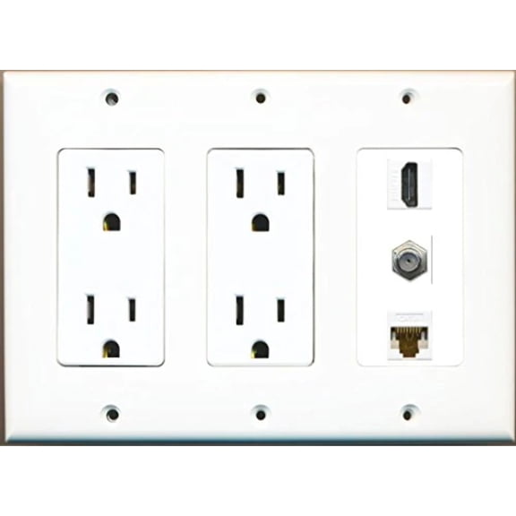 RiteAV 15 Amp Duplex Power Outlets (x2) and 1 HDMI Cat6 Coax Wall Plate White