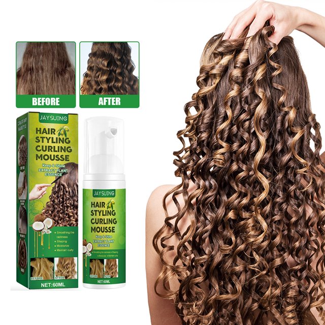 mousse para esculpir el cabello de 60ml productos para el cuidado del cabello para mujeres mousse para rizar el cabello Multicolor frasco espumador de 60 ml y caja a la izquierda, vista 3/4 posterior de mujer a la derecha con rizos definidos y volumen, textura esponjosa visible; aplicable a peinado moldeador diario y modelado para mujeres. También se suele usar para mantener rizos definidos en peinados de fiesta o viaje.