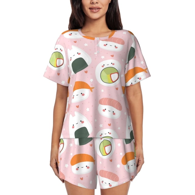 Balery Cute Sushi Conjunto de Pijama para Mujer con Estampado, Dos Piezas de Manga Corta y Shorts, Ropa de Dormir Suave con Cuello Redondo y Bolsillos-Large
