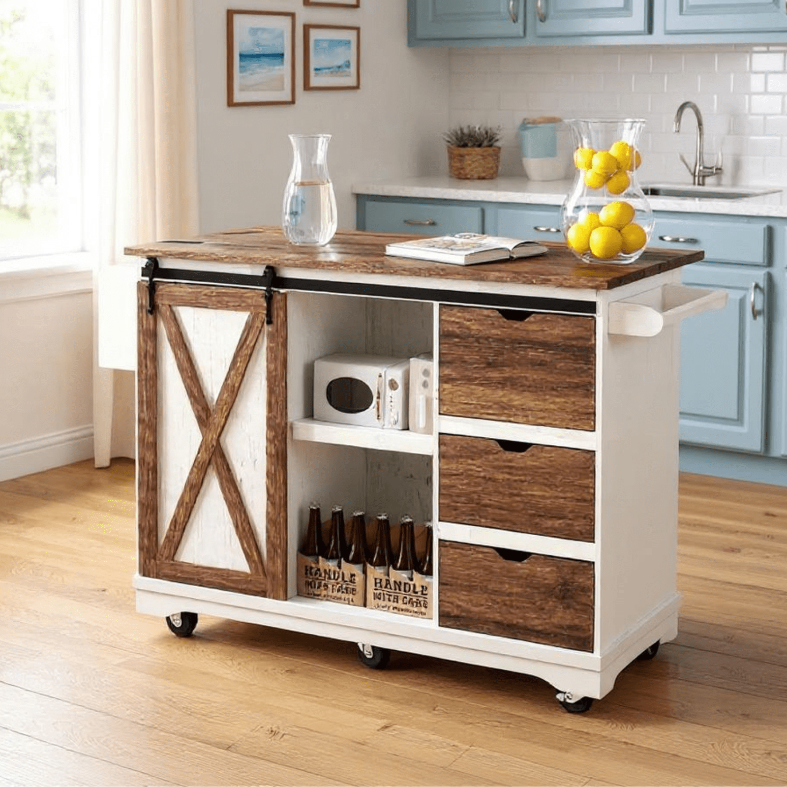 Homy Casa 55.5" Farmhouse Kitchen Island with Drop Leaf, Power Outlets, 3 Drawers, Shelves & Spice Rack