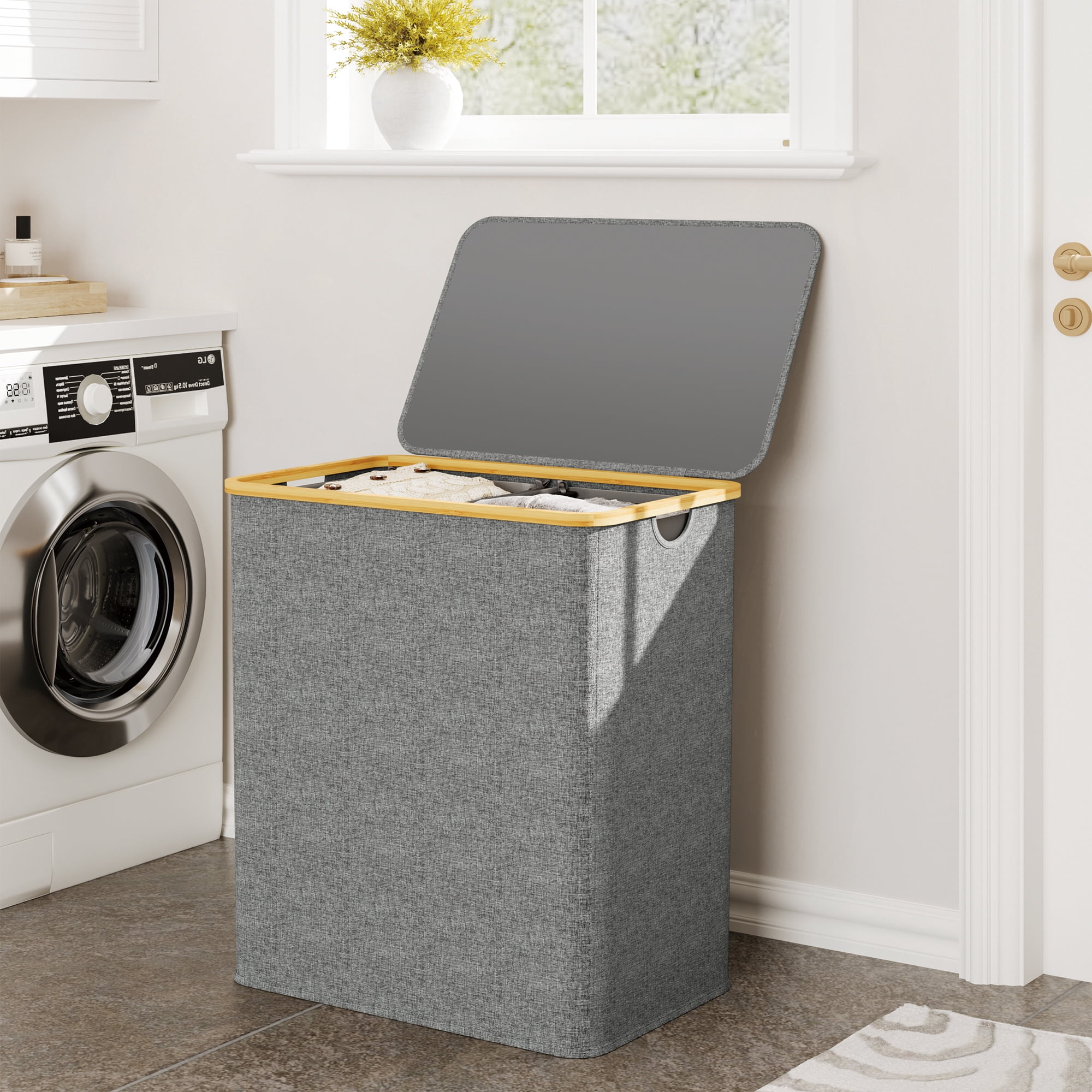 BGTREND 148L Double Laundry Basket with Lid, Clothes Hampers for Laundry with Bamboo Handles and Removable Liner Bags, Collapsible Laundry Sorter Dirty Clothes Hamper (Gray)