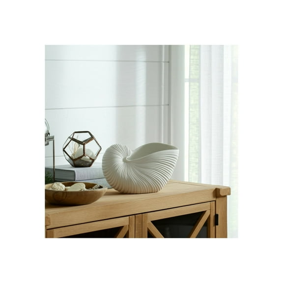 Coastal Shell Figurine Decor - Textured Ceramic Nautilus Accent Piece - Coastal-Inspired Sculpture for Home, Office, Bedroom, or Living Room - 6" White