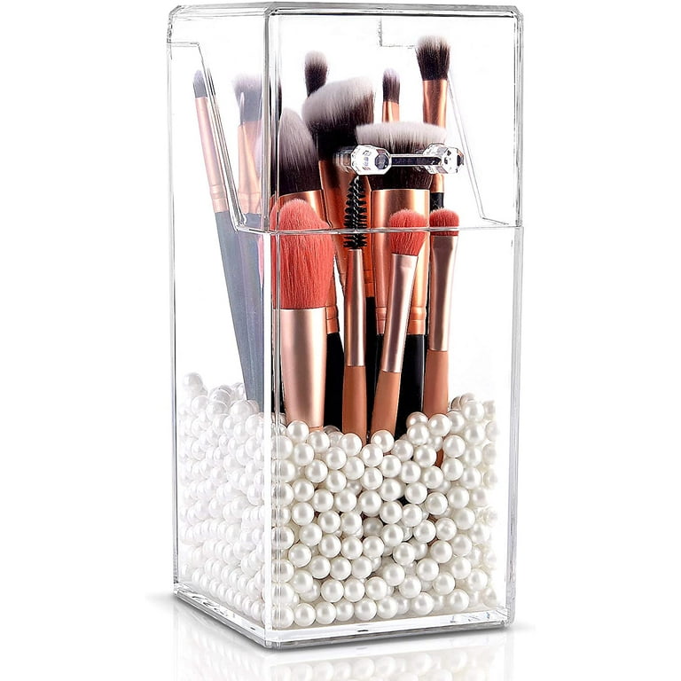 Acrylic Organizers Makeup Brush Holder Organizer,dresser Organizer  Dustproof Cosmetics Brush Storage with White Pearls - Beige pearl