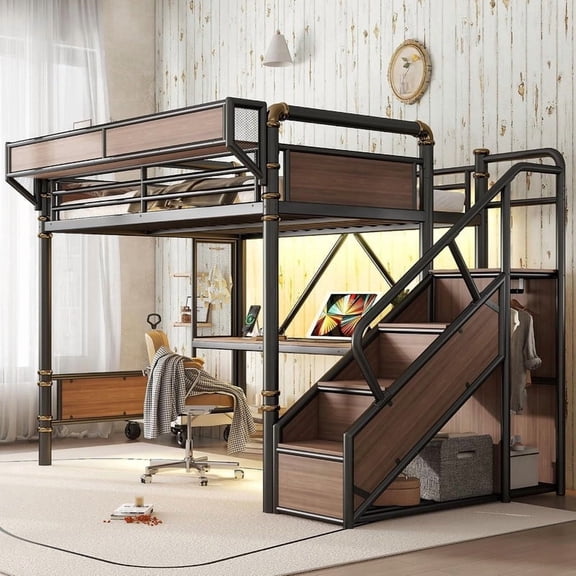 Bellemave Full Size Loft Bed with Desk, Stairs and Wardrobe, Metal Gaming Loft Beds with Beside Shelf & Pegboard and LED Light, Heavy Duty High Loft Bed with USB Ports, No Box Spring Required, Black