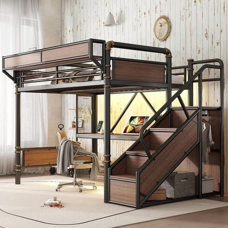 Bellemave Full Size Loft Bed with Desk, Stairs and Wardrobe, Metal Gaming Loft Beds with Beside Shelf & Pegboard and LED Light, Heavy Duty High Loft Bed with USB Ports, No Box Spring Required, Black
