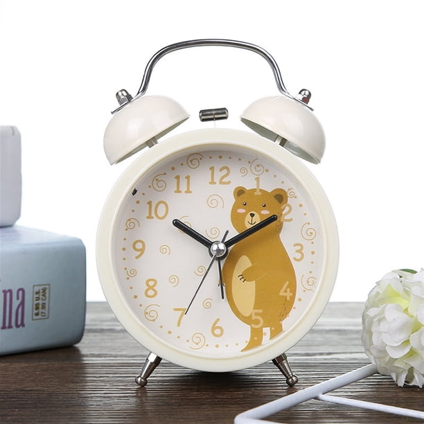 Reloj despertador de dibujos animados for dormitorio, mesita de noche, campana de Metal, reloj despertador pequeño, patrón de animales encantadores for niños con luz nocturna, reloj despertador