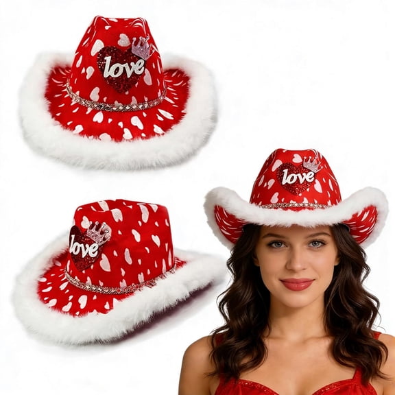 ZHOUCHANKIDS Valentine's Day Western Cowboy Hat with Heart Pattern Design Women Western Cowgirl Hat for Casual Party and Festive Celebration Red One Size
