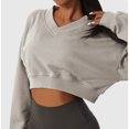 thumbnail image 3 of Sudadera recortada para mujer, jersey, puños acanalados, cuello en V, hombros caídos, color puro, Top corto de manga larga para deportes, gris S, 3 of 6