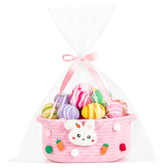 PinkSheep Easter Basket with Handles, Small Woven Easter Bunny Gift Storage Basket Rabbit Baskets Empty with Plastic Wrap Bag & Ribbons, Pink