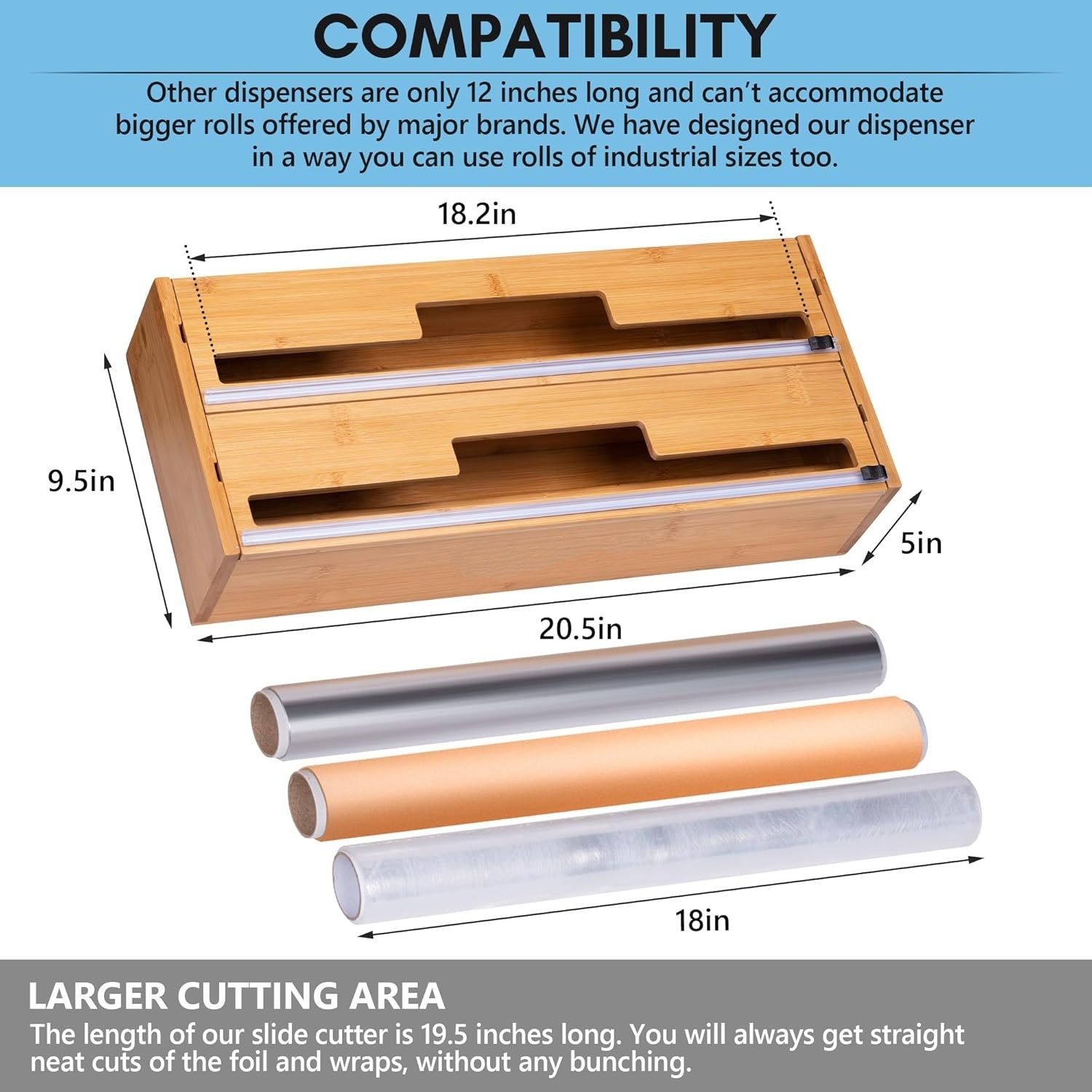 18 Inch Large Foil Wrap Dispenser with Cutter, 2 in 1 Aluminum Butcher Parchment Paper Freezer Tin Wax Cling Foil Plastic Wrap Organizer for Kitchen Drawer Bamboo Storage Roll Holder