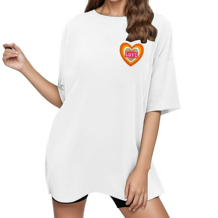 

Womens Summer Tops 2024 Womens Round Neck Heart Light Bulb Print Casual Top Summer Tops For Women(Color:White Size:6XL)