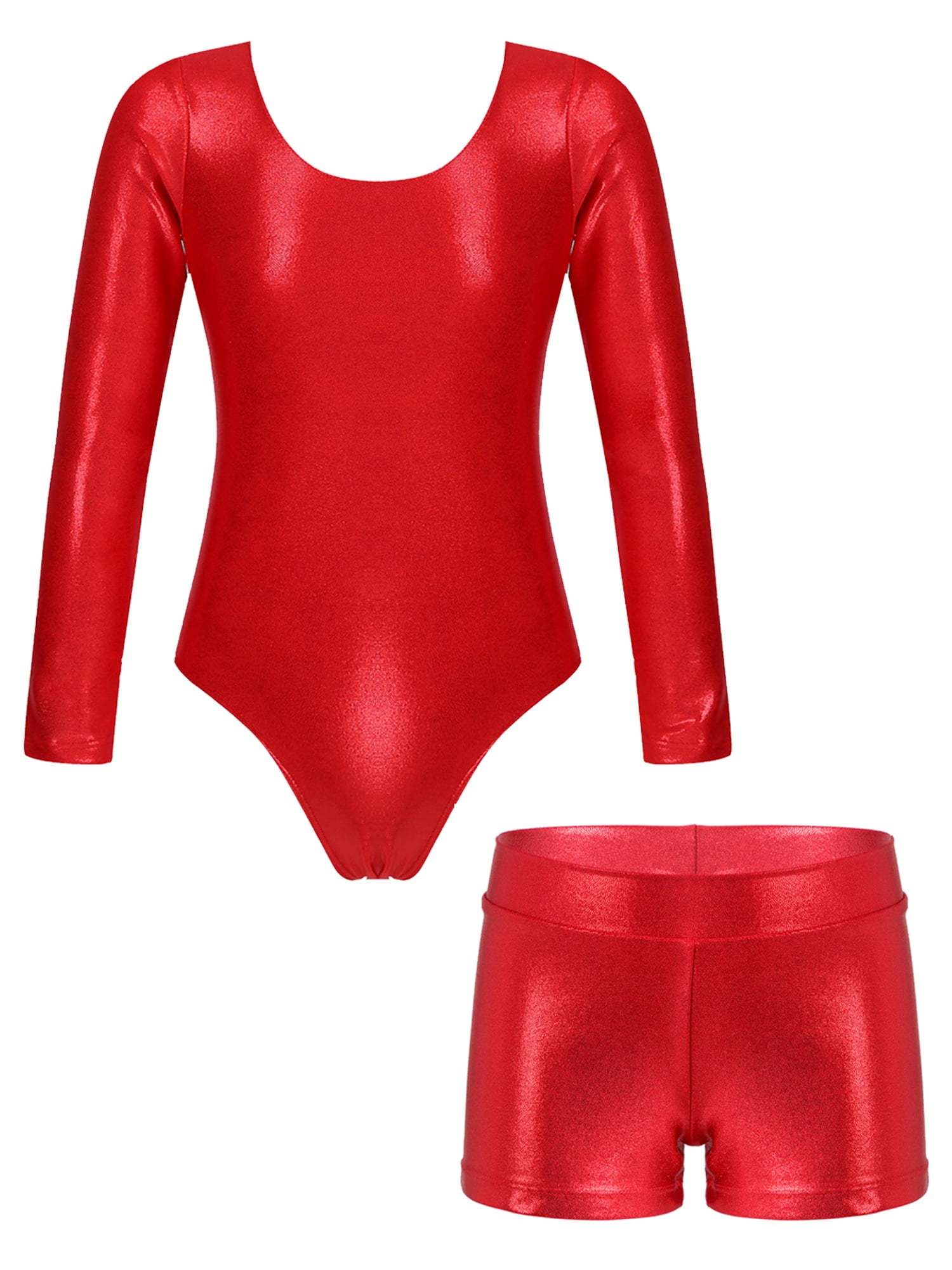 iiniim Girls Shiny Metallic Gymnastics Leotard with Shorts Set