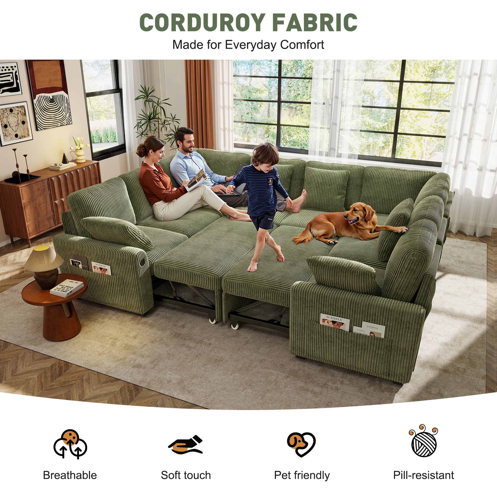 BedLuxury 110" Sectional Sleeper Sofa with Pull Out Bed, Storage Seat & USB Charging, U Shaped Modern Couch for Living Room, Corduroy Green