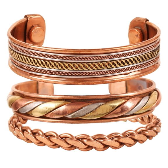 Sunsoul by Touchstone Copper magnetic bracelet Tibetan style. Hand forged with solid and high gauge pure copper. Set of 3 different designs with 3 metal shades.