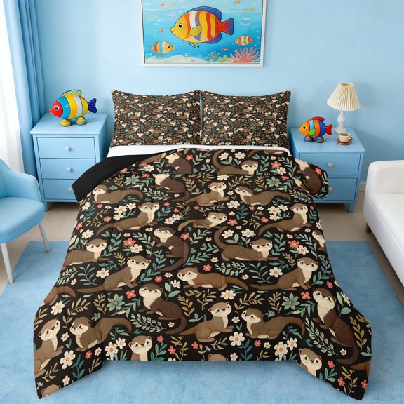 Manfei Vintage Otter Flower Full Size Comforter Sets for Kids Boys and Girls, Animal Print Bedding Sets, Black Reversible 3-Piece, 1 Comforter and 2 Pillowcases