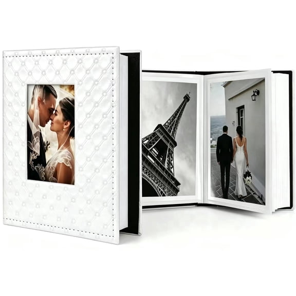 JinBeiXi White Photo Album 4x6, PU Leather Picture Book Holds 100 Vertical Photos, Small Slip-in Family Photo Album with Cover Window, Gift for Wedding, Travel, Mother's Day
