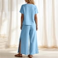 thumbnail image 5 of Women Linen Sets 2 Piece Outfits Short Sleeve Asymmetrical Shirt Split Wide Leg Pants 2026 Summer Trendy Boho Pant Suits,Light Blue XXL, 5 of 8