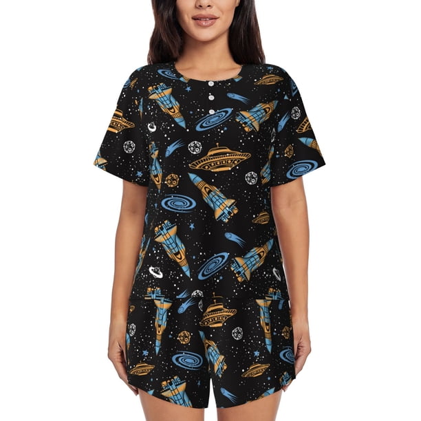 Balery Space Rocket Conjunto de Pijama para Mujer con Estampado, Dos Piezas de Manga Corta y Shorts, Ropa de Dormir Suave con Cuello Redondo y Bolsillos-Small
