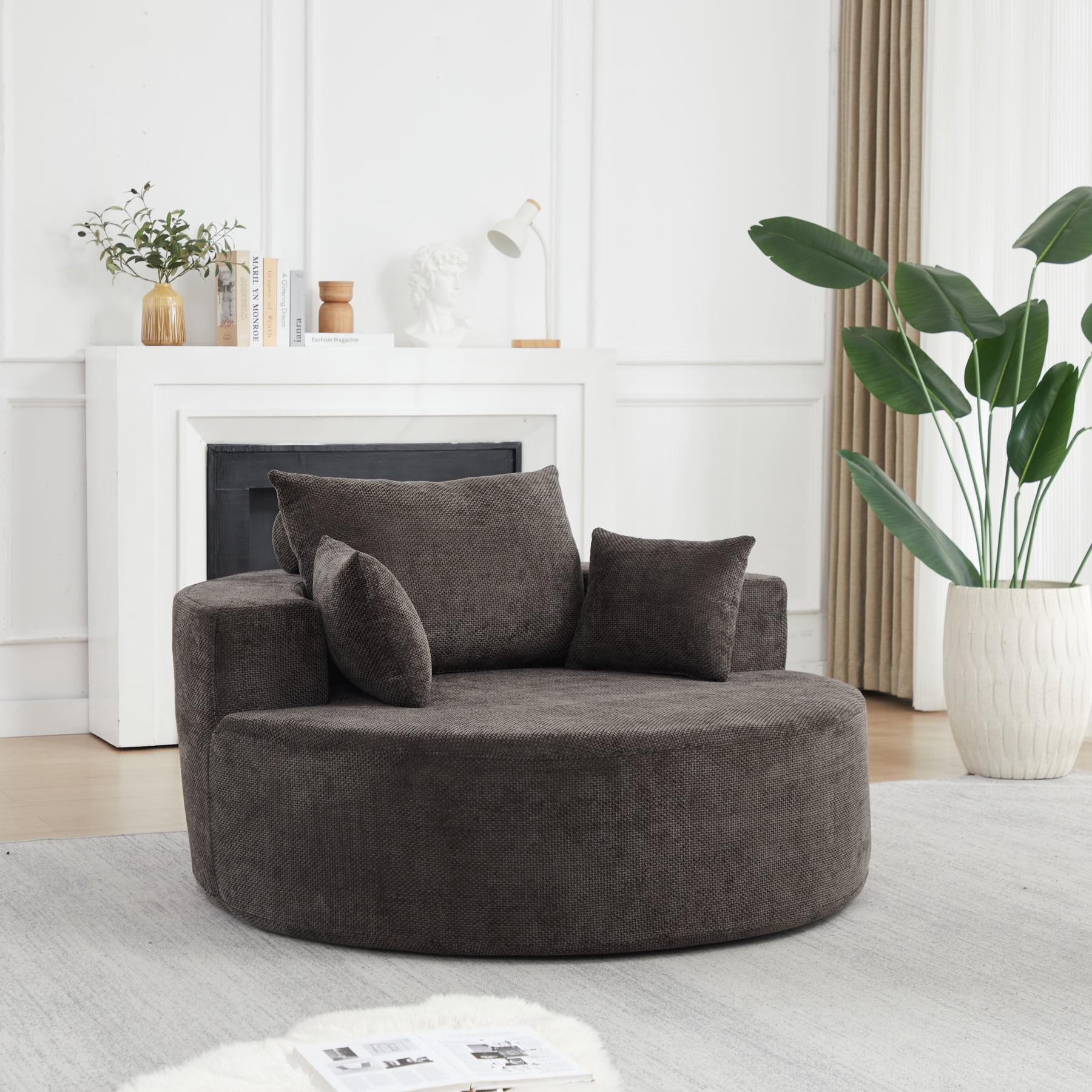 Leumius 55'' Oversized Round Chaise Longue Chair,Upholstered Chenille Single Cloud Circle Sofa Chair with Deep Seat,Fluffy Modern Sleeper Sofa Bed for Reading,Living Room,Bedroom,