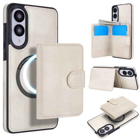 2 in 1 Detachable Magnetic Phone Cases Compatible with Samsung Galaxy S25 Edge, with Credit Card Holder, Classic Durable Premium PU Leather Kickstand Rugged Flip Cover for Women Men, White