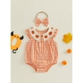 thumbnail image 4 of Baby Girl 2Pcs Halloween Outfits Pumpkin Fly Sleeve Button Up Bubble Romper Peter Pan Collar Plaid Bodysuit with Headband Set 0-18M, 4 of 8