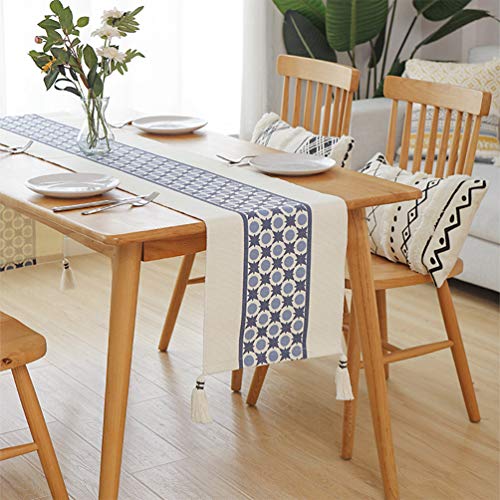 Fennco Styles Geometric Tile Print Braided Tassel Cotton Table Runner