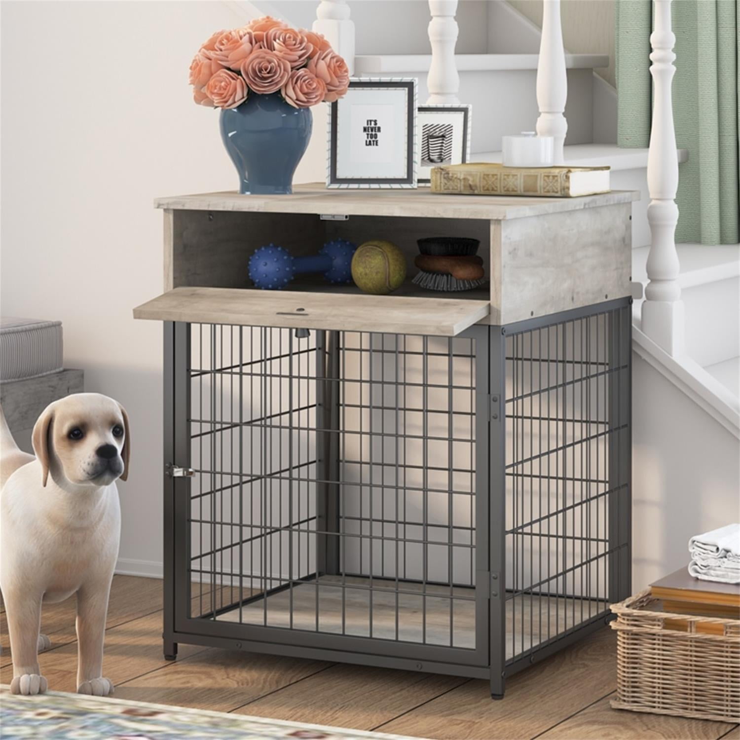Pefilos 31" Furniture Style Dog Crate with Rotatable Feeding Bowl, 2 Anti-Escape Doors, Indoor Pet Kennel Dog Cage for Medium Dogs, Beige Pefilos 31" Furniture Style Dog Crate with Rotatable Feeding Bowl, 2 Anti-Escape Doors, Indoor Pet Kennel Dog Cage for Medium Dogs, Beige