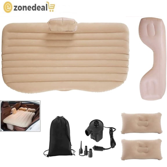 Car Air Mattress, Beige Split Flocked Inflatable Back Seat Bed with Separate Footwell Cushion, Travel Camping Bed