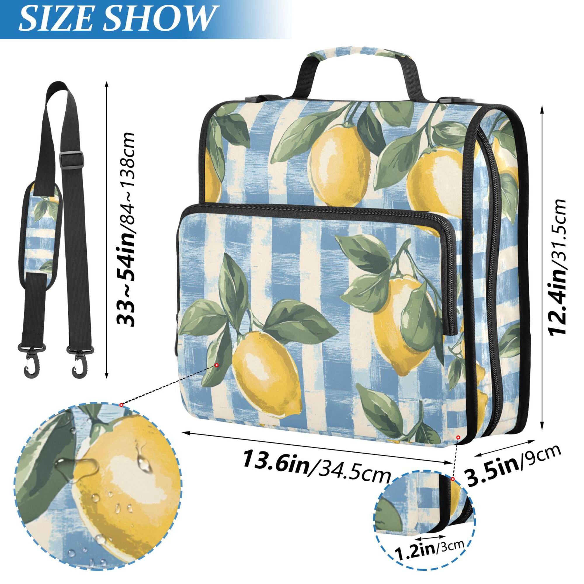 FORMRS Zipper Binder with Shoulder Strap 2-inch Ring 500 Sheet Capacity File Bag, Retro Lemon Leaves