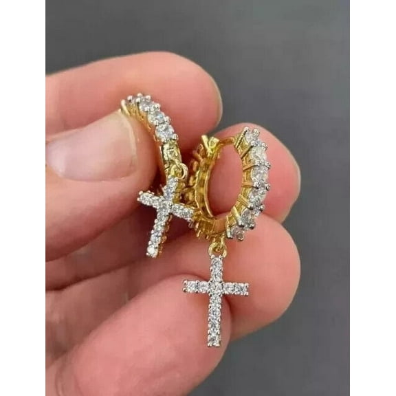 1.5Ct Round Cut Lab Created Diamond Cross Drop Hoops Earrings For Men's & Women's 14k Yellow Gold Plated 925 Silver