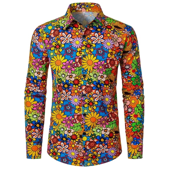 CONZONE Mens 70S Disco Buttons Down Shirts Long Sleeve Hippie Shirts for Men Trendy Floral Graphic Lapel Soft Lightweight Tops