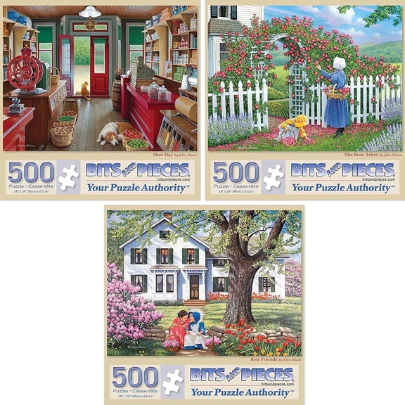 Bits and Pieces Flower Village Jigsaw Puzzles 500 Piece Artist John Sloane 3-Pack 18" x 24"