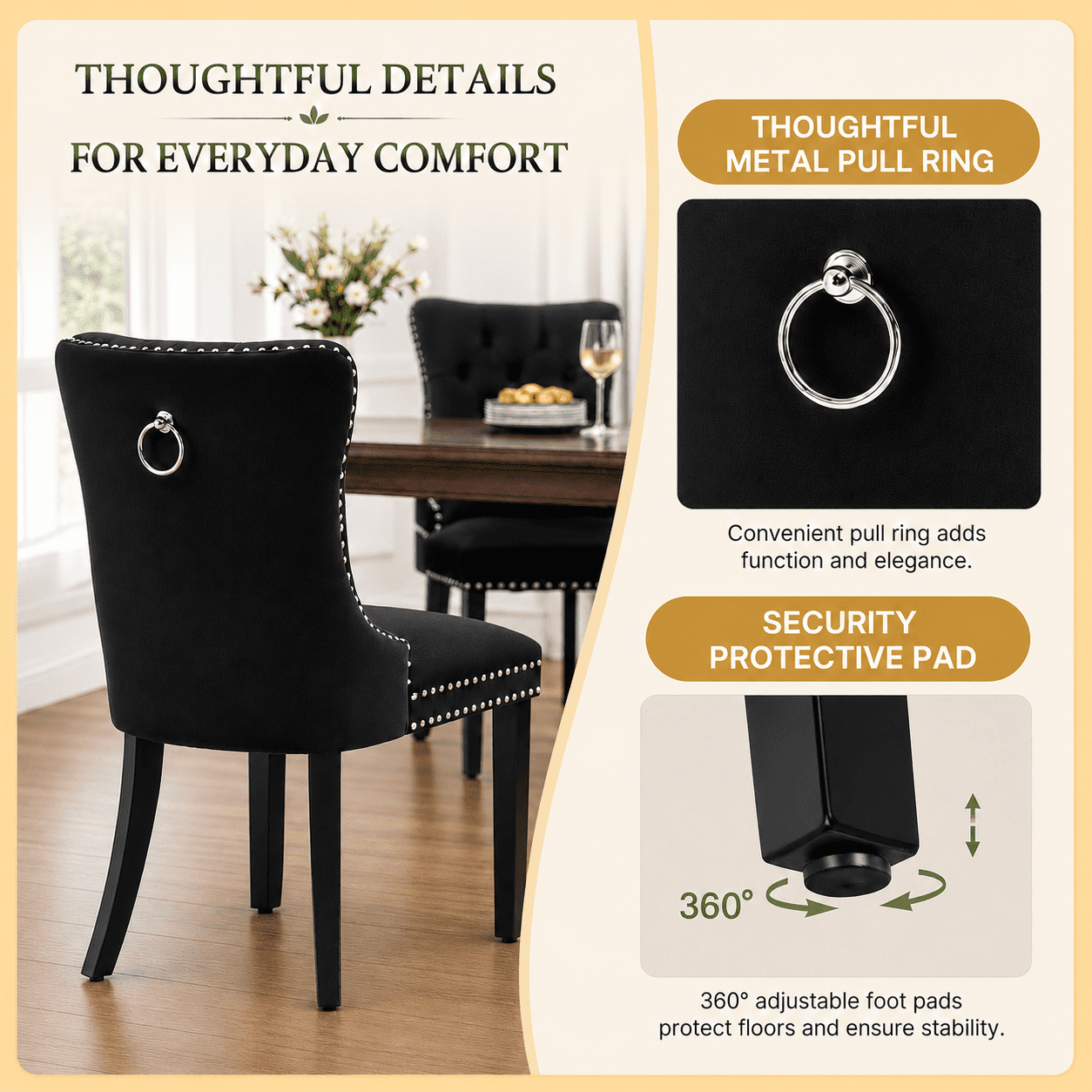 LegaHome Dining Chairs Set of 2, Velvet Upholstered Dining Chair with Nailhead Trim&Solid Wood Legs, Button Padded Dining Chairs Set for Kitchen Dining Room Living Room, Black