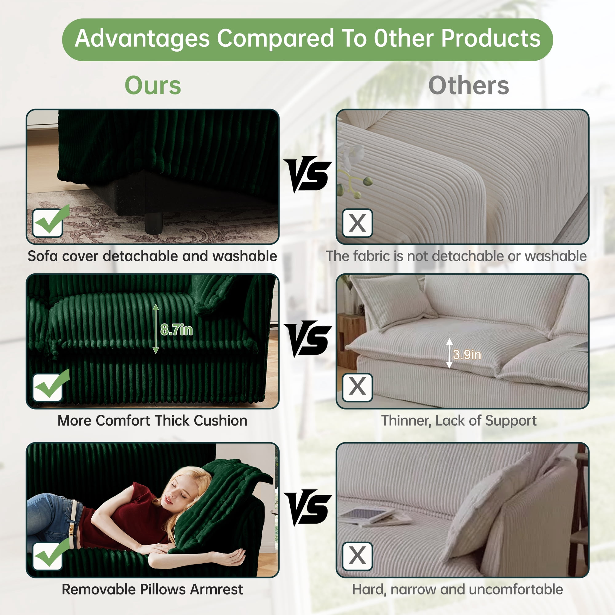 Gewnee Modern Deep Seat 3 Seater Sofa Couch,Green Corduroy Fabric Soft Multiple Big Pillows, Comfy Couch for Living Room, Apartment,
